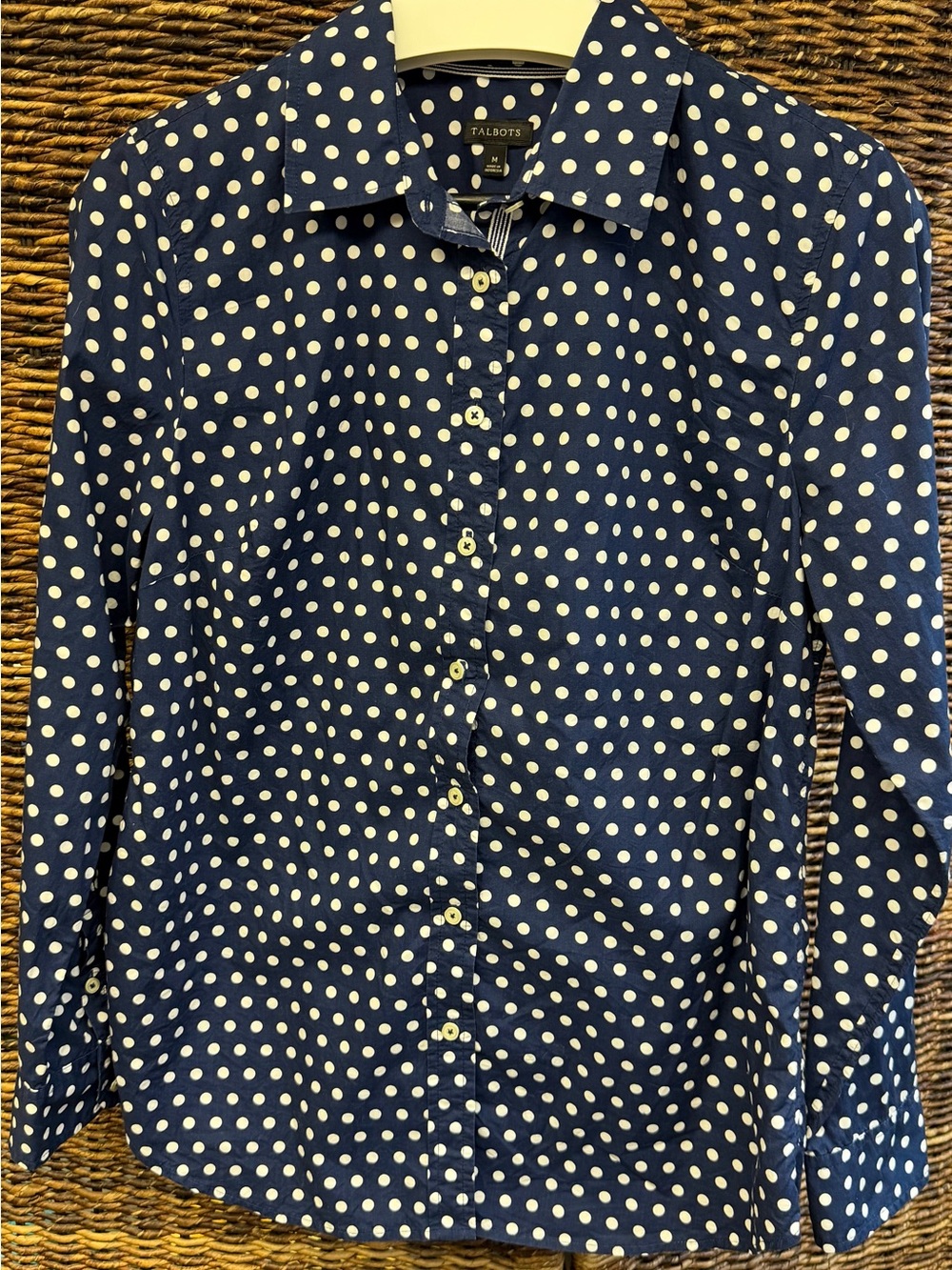 Talbots Navy Blue Polka Dot women's button up shirt- Medium